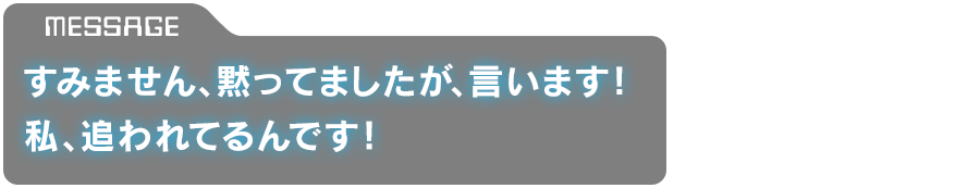 「すみません、黙ってましたが、言います！　私、追われてるんです！」